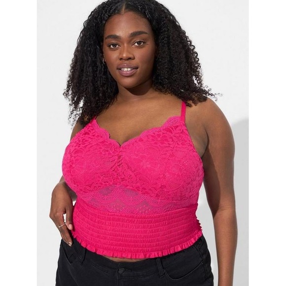 torrid Tops - Torrid‎ Lace Smocked Crop Top Pink Peacock Floral Adjustable Straps M/L NWT